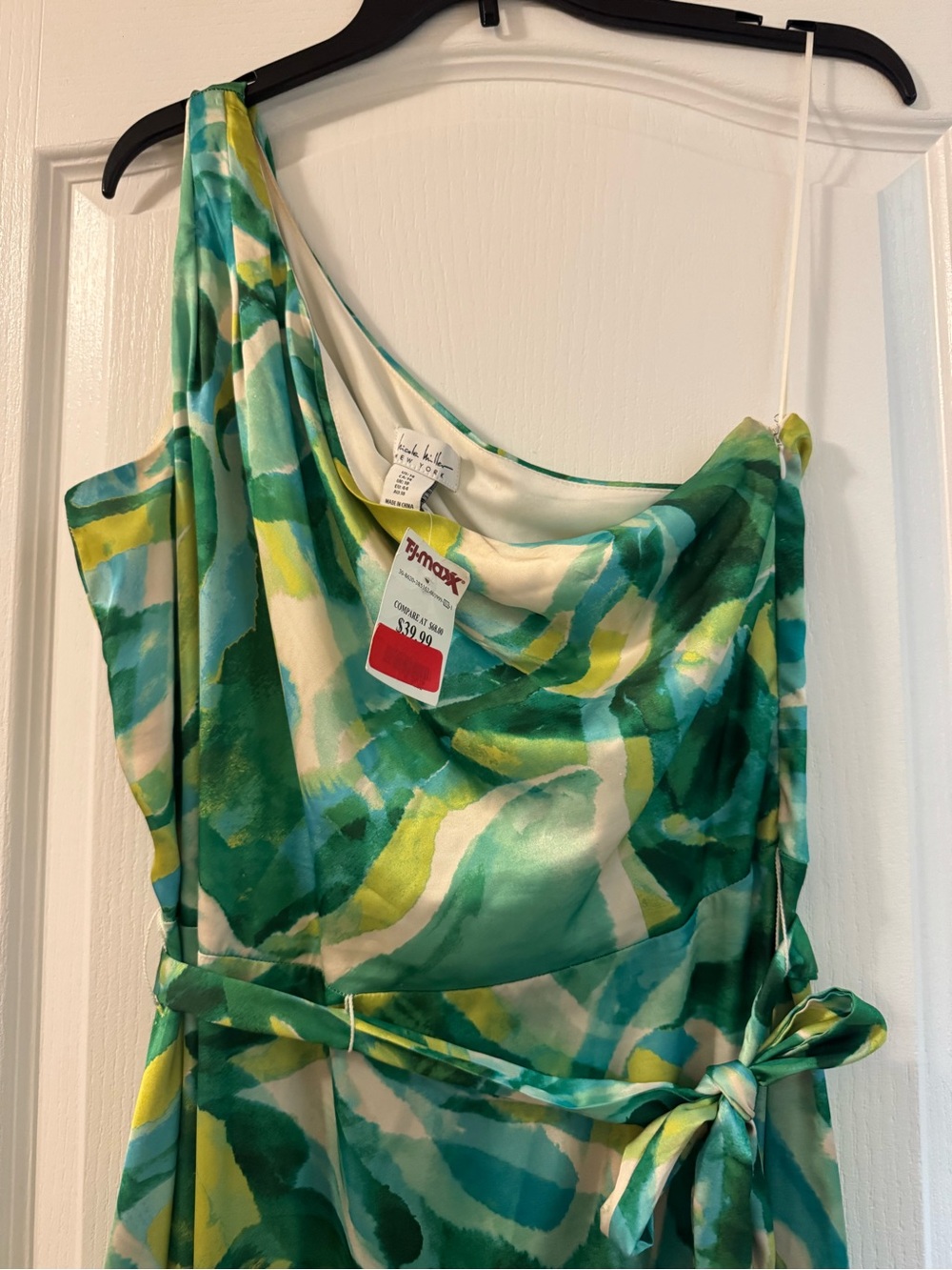 Nicole Miller Size M Watercolor Green One-Shoulder Dress with Tie Waist Size:14